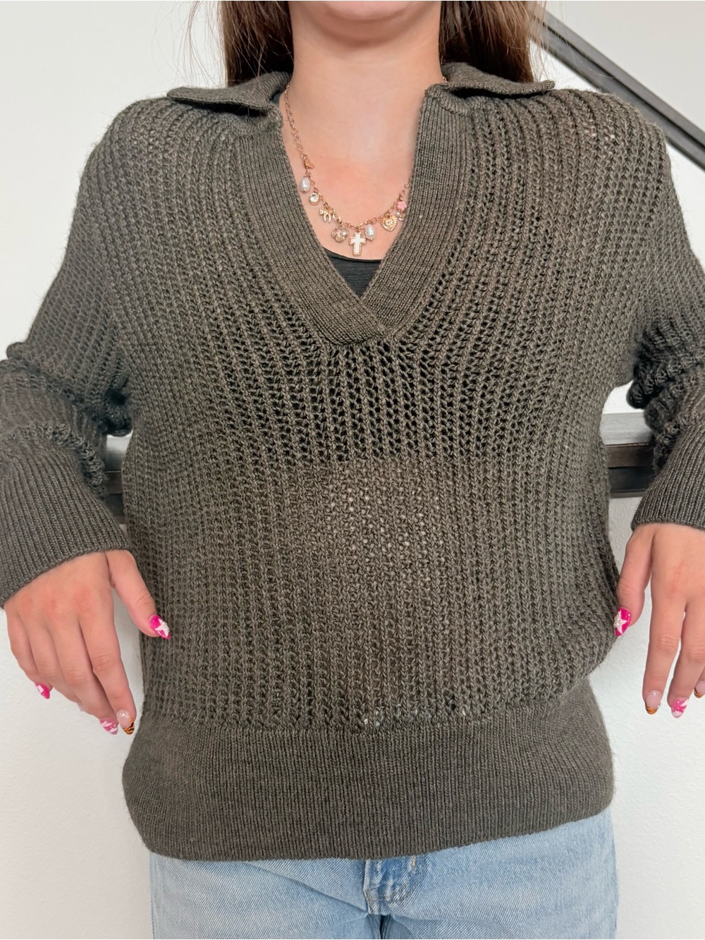 Zara Olive V-Neck Collared Knit Sweater - Women